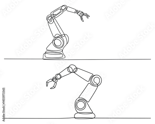 Dual Robotic Arms Line Art, Industrial Automation Vector Illustration.