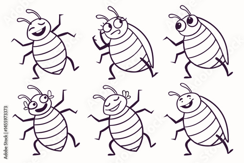 Cute Cartoon Beetles with Different Expressions, Outline Style, Vector Illustration for Kids, Coloring Page Design.