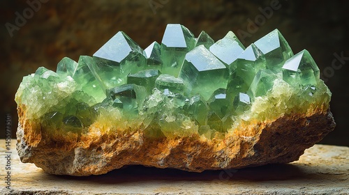 Vivid green prehnite exhibits a soft green color within a silicate mineral often forming botryoidal shapes.