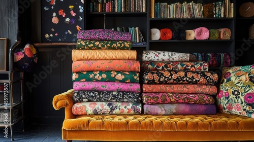 Vibrant Floral Fabrics Stacked on a Velvet Sofa