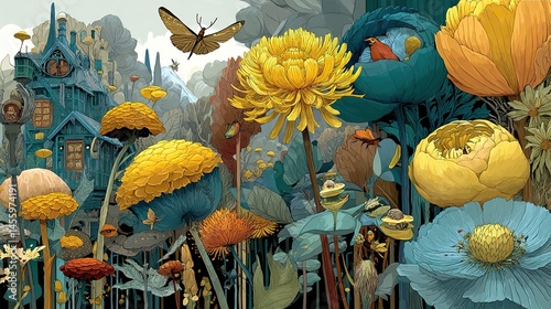 Whimsical garden filled with oversized flowers, talking animals, and other fantastical elements.