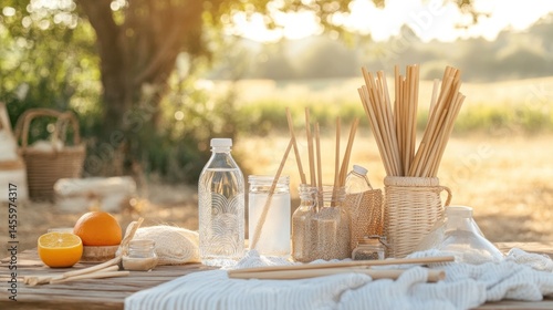 Sustainable Picnic: Eco-Friendly Utensils and Drinks in a Sunny Field