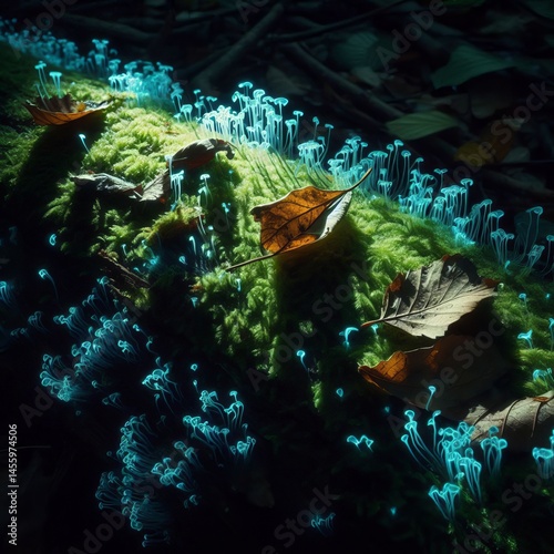 Bioluminescent Fungi Shadows of small forest detritus leaves twi