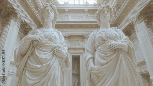White marble statues stand silently in a grand hall, their expressions conveying stories of bygone eras.