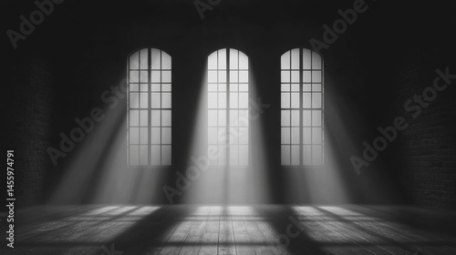 A black and white image of a room with three arched windows and a wooden floor.