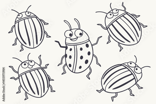 Cartoon Beetle Collection in Outline Style, Featuring Colorado Potato Beetles and One Ladybug with Big Eyes.