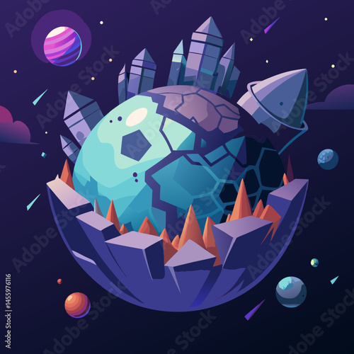  Shattered Planet with Floating Fragments
