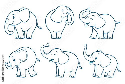 Collection of Six Cute Cartoon Elephants Posing in Different Expressions, Isolated on White Background.
