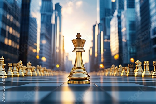 Golden King piece in the middle of city chessboard