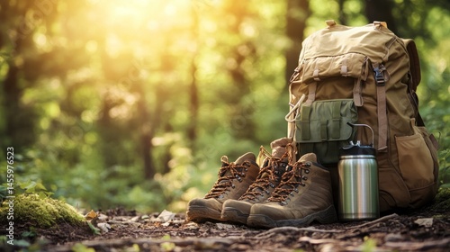 Hiking gear and forest setting backpack boots and water bottle