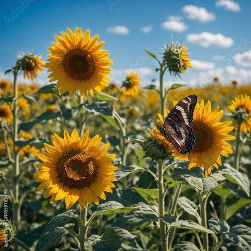 A butterfly resting on a sunflower in a vibrant wildflower meadow under a clear blue sky


