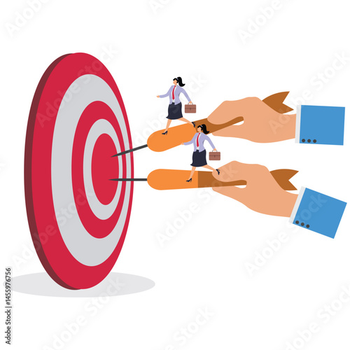 Set new goals and tasks to help or guide the businesswomen to reach their goals or complete their tasks, with giant hand held darts guiding the small businesswomen to the bull's eye