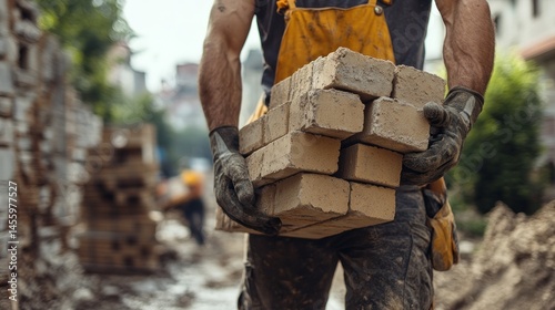 Construction worker carrying bricks at worksite