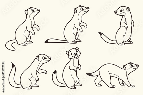 Group of Funny Cartoon Stoats Posing in Different Ways, Vector Illustration for Coloring Book or Childrens' Education.