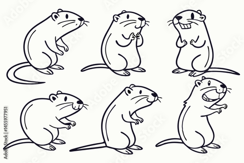 Cute Cartoon Beaver Set in Outline Style, Ideal for Children's Illustrations and Animal-Themed Design Projects.