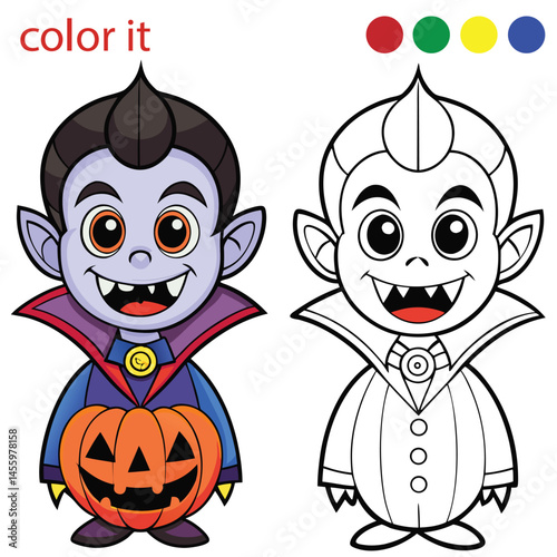  Cute Cartoon coloring page Vampire Holding a Halloween Pumpkin