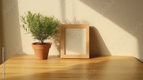 Empty frame and plant on table in sunlight