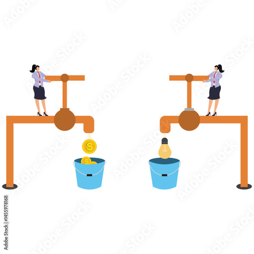 Open up money making ideas, business ideas and profits, businesswomen turn on the faucet to flow out bulbs and gold coins