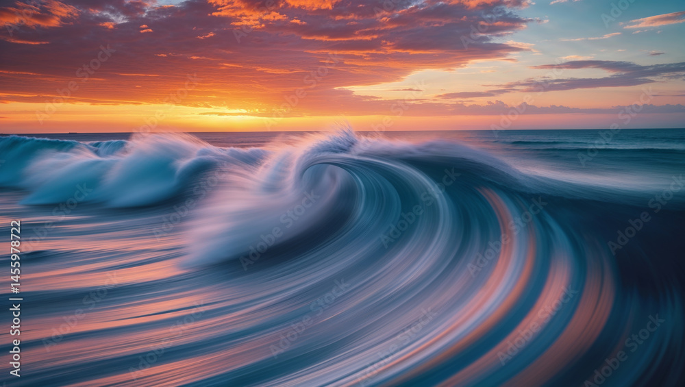 Fototapeta premium Captivating shot of an ocean wave curling beneath a vibrant sunset over the sea.
