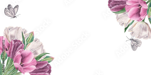 Rectangular frame with purple and white tulips and two white butterflies with space for text. Hand drawn watercolor illustration of flowers and insect on isolated background. Banner for your design.