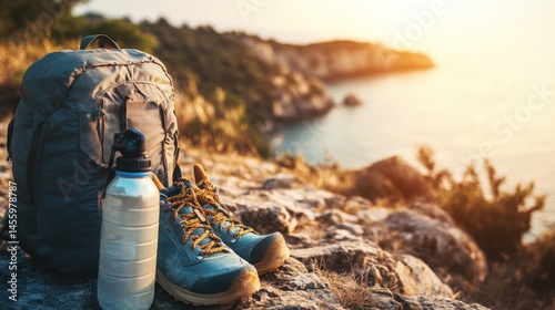 Ocean view hiking gear backpack boots and water bottle at sunset