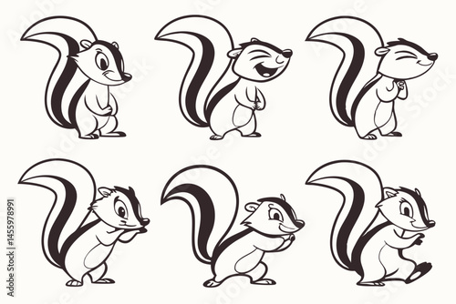 Set of Animated Skunk Poses in Vector Outlines for Design and Illustration Projects, Ideal for Children's Books.