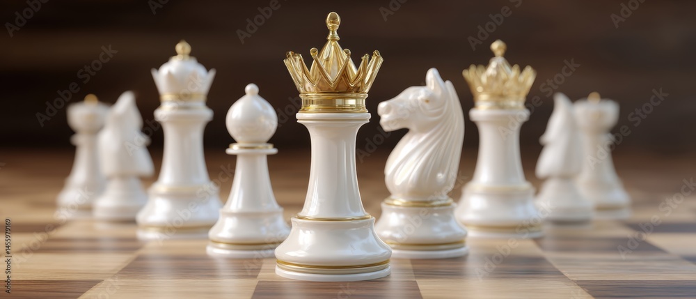 Elegant white chess pieces with gold accents are arranged on a wooden chessboard, highlighting the queen at the center.