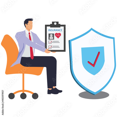 Health and insurance, insurance business promotion and marketing, life insurance, automobile insurance, traders holding insurance policies with both hands behind a shield