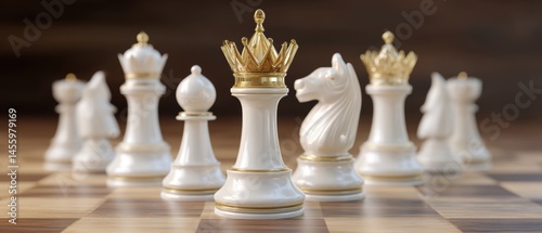Obraz na płótnie Elegant white chess pieces with gold accents are arranged on a wooden chessboard, highlighting the queen at the center. w salonie