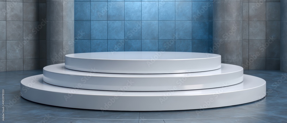 Modern, three-level white podium in front of a tiled blue wall, ideal for awards, presentations, or displays.