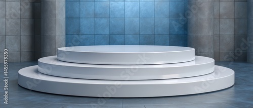 Obraz na płótnie Modern, three-level white podium in front of a tiled blue wall, ideal for awards, presentations, or displays. w salonie