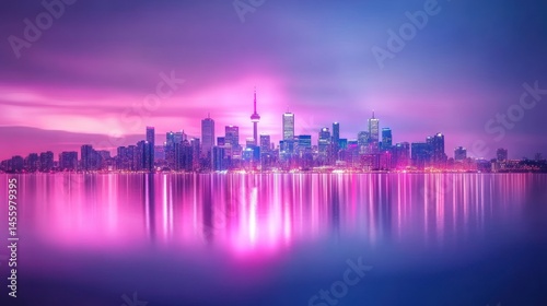 Vibrant pink city skyline reflected in water at night
