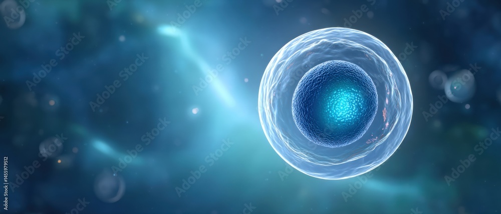 Digital illustration of a single biological cell with a glowing nucleus in a blue, abstract background.