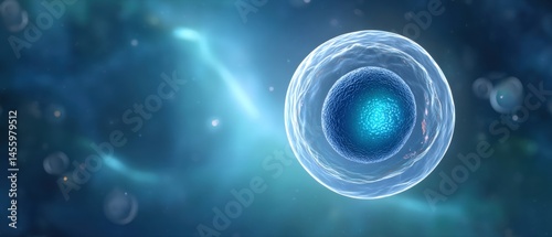 Obraz na płótnie Digital illustration of a single biological cell with a glowing nucleus in a blue, abstract background. w salonie