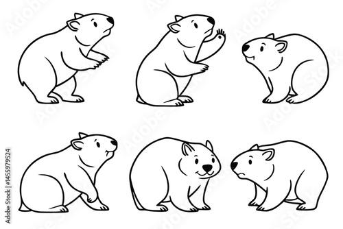 Collection of Cartoon Wombats in Line Art Style Isolated on White Background for Kids Illustration and Design Projects