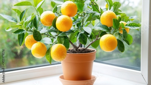 Potted orange tree with ripe fruit by window