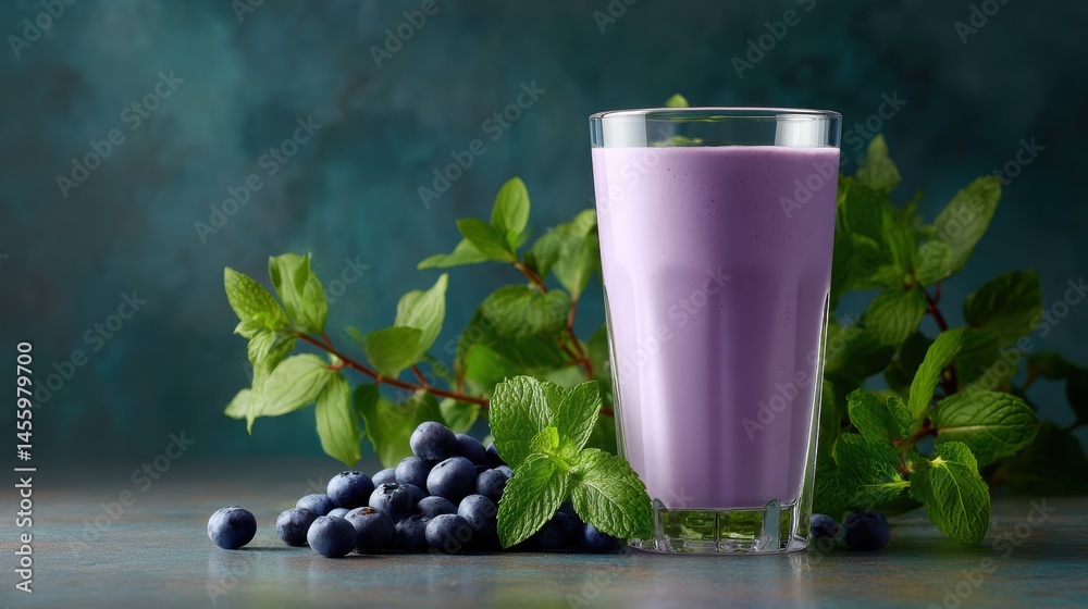 A tall glass of blueberry smoothie with fresh blueberries and mint leaves on a rustic surface.