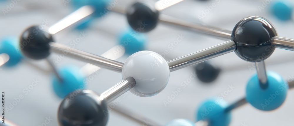 A close-up view of a molecular structure model with interconnected black, white, and blue spheres representing atoms.