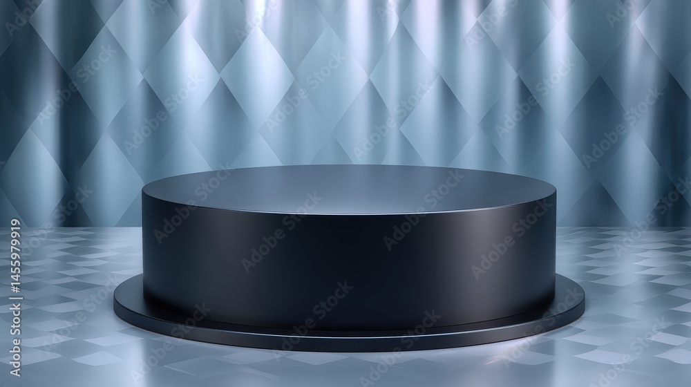 A sleek, modern black podium stands on a geometric patterned floor with a metallic, diamond-patterned background.