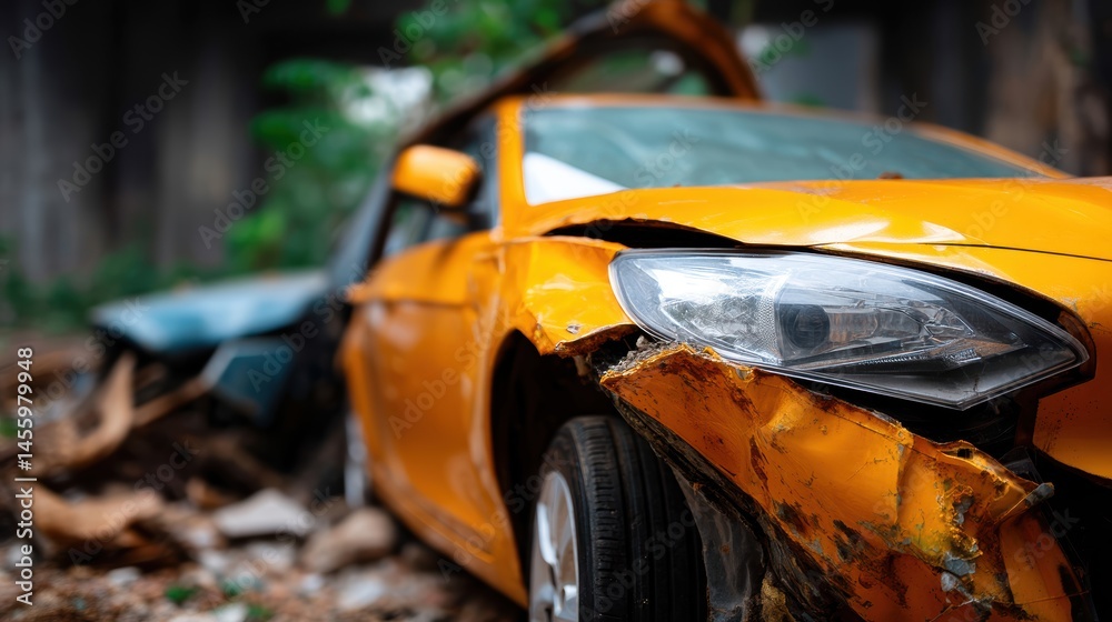 A yellow car with severe front-end damage sits abandoned outdoors, surrounded by debris and greenery.