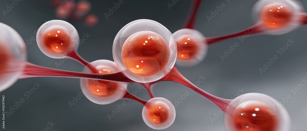 Abstract illustration of red and white connected molecular structures on a blurred gray background, representing scientific or biological concepts.