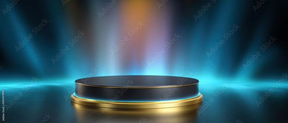A sleek, illuminated black and gold podium stands under vibrant blue and orange spotlights on a reflective surface.