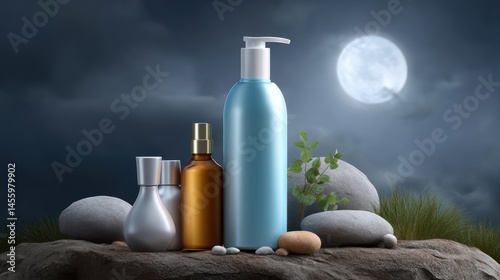 Skincare bottles arranged on rocks in a natural setting under a full moon and cloudy night sky.