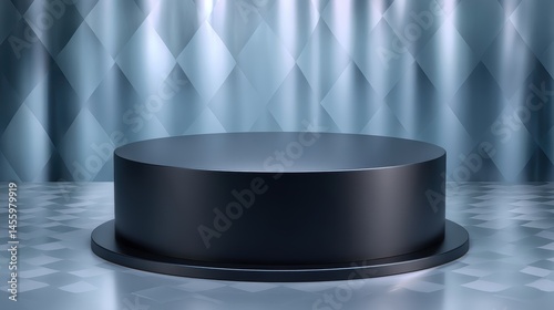 Obraz na płótnie A sleek, modern black podium stands on a geometric patterned floor with a metallic, diamond-patterned background. w salonie