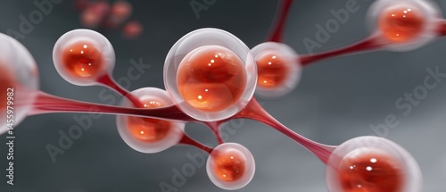 Obraz na płótnie Abstract illustration of red and white connected molecular structures on a blurred gray background, representing scientific or biological concepts. w salonie
