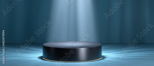 A spotlight illuminates a sleek, empty black podium on a blue background, creating a dramatic and modern display scene.
