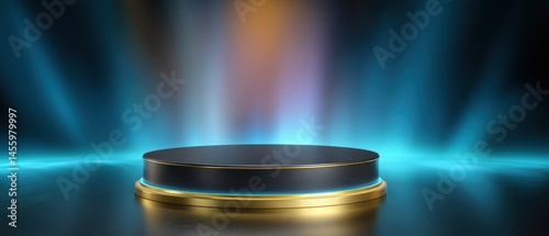 Obraz na płótnie A sleek, illuminated black and gold podium stands under vibrant blue and orange spotlights on a reflective surface. w salonie