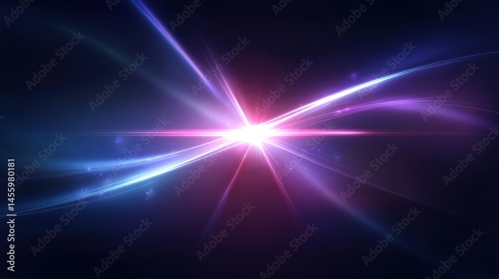 A radiant burst of blue and pink light beams spreads across a dark background, creating a vibrant, futuristic effect.