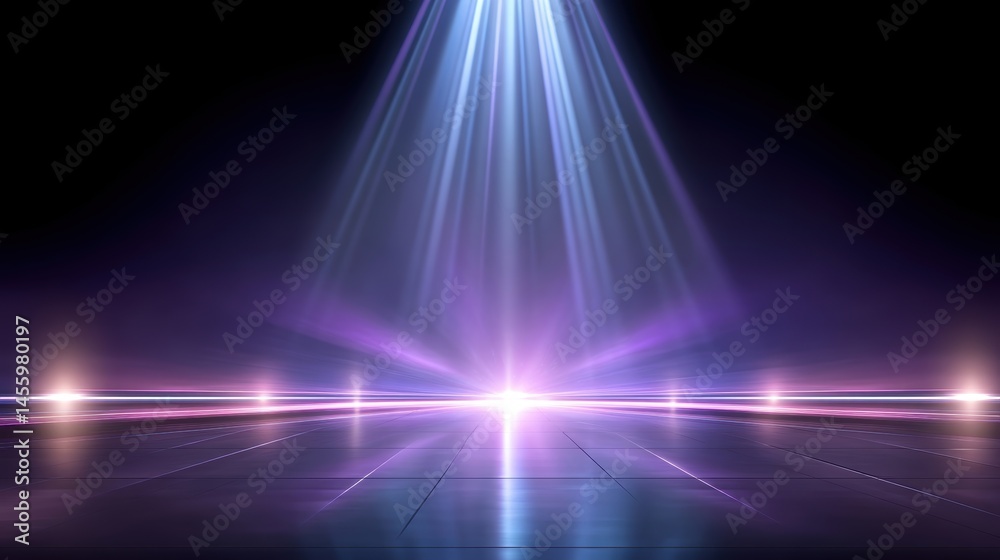 A glowing spotlight shines on a futuristic stage with vibrant purple and blue light beams in a dark, modern setting.