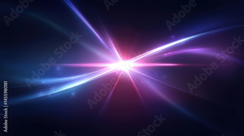 Obraz na płótnie A radiant burst of blue and pink light beams spreads across a dark background, creating a vibrant, futuristic effect. w salonie